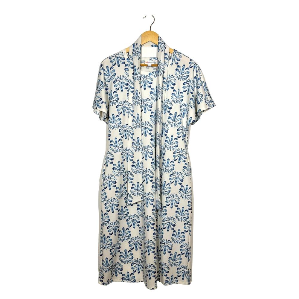 LuLaRoe Marty Midi Dress Womens Size Large Blue White Pattern Pockets Tie Waist